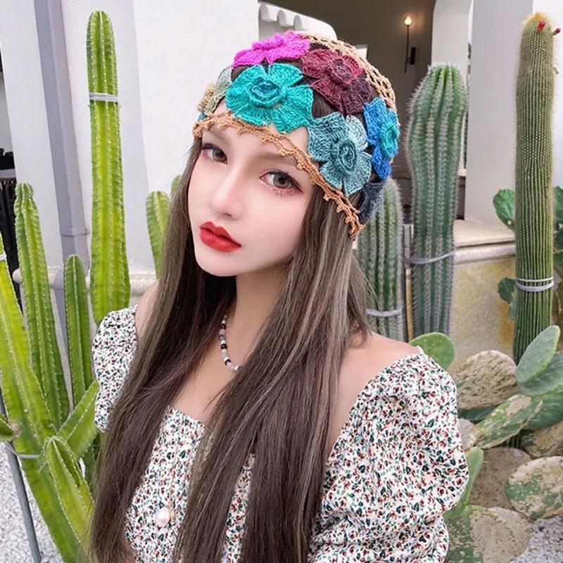 Gradient Stereo Flower Bag Head Hat Woman National Handmade Crochet Knit Hat Openwork Towel Hat