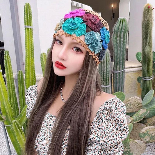 Gradient Stereo Flower Bag Head Hat Woman National Handmade Crochet Knit Hat Openwork Towel Hat