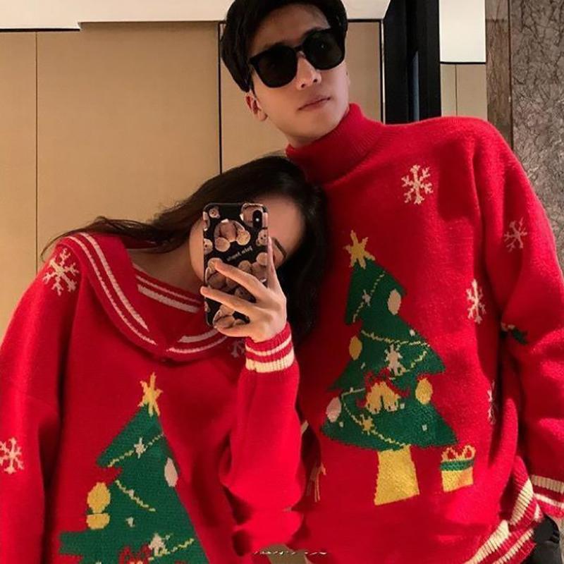 WTEMPO 2 Pcs Christmas Couple Sweater Soft Casual Knitted Sweater Winter Warm Pullover