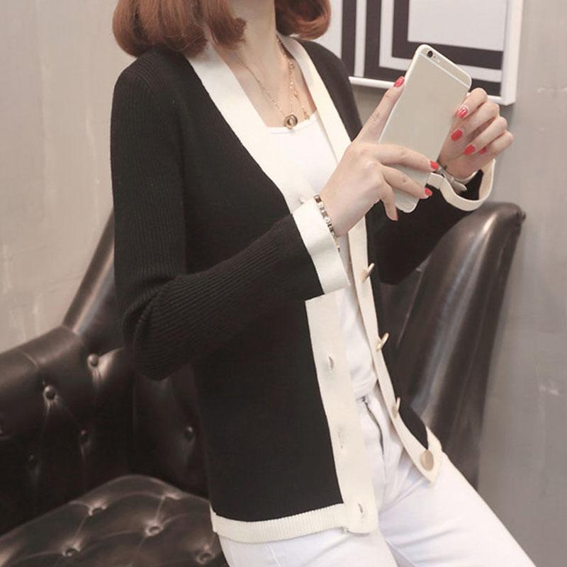 Spring and Autumn Knitted Cardigan Sweater All-match Long-sleeved Slim Jacket Fashion Simple Female Top