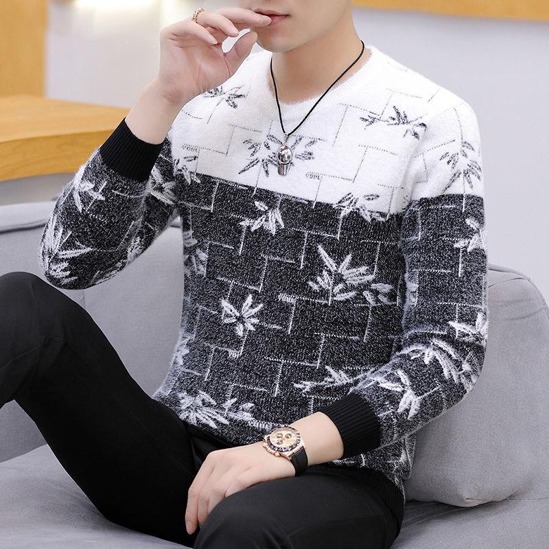 Autumn and Winter Men's Sweater Round Neck Padded Sweater Color-blocking Long-sleeved Jacket