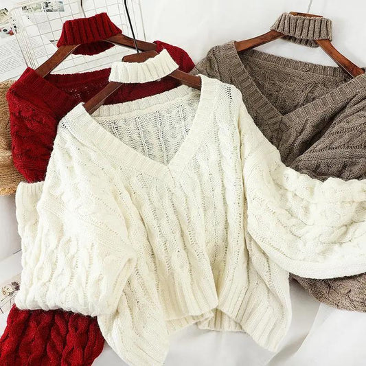 Spring Long-sleeved Sweater Women Loose Temperament Goddess Lazy Style Knit Sweater Top V-neck Pullover Loose Slim Knit Top