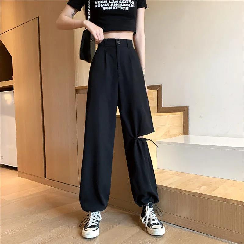Street-fried Overalls and Black High-waist Trendy Ripped Pants Women Loose and Thin All-match Straight Wide-leg Casual Pants