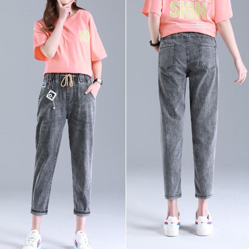 Summer Thin High Waist Cropped Jeans Women's Ripped Large Size Elastic Waist Loose Harem Pants