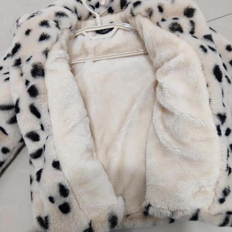 Girls Leopard Print Imitation Fur Jacket Children Korean Version Loose Western Style Lapel Autumn and Winter Plush Thick Cotton Jacket