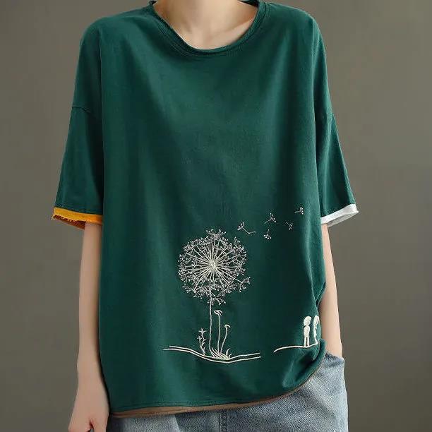Large Size Dandelion Print T-shirt Ladies Short Sleeve Shirt Casual Loose Pullover Summer