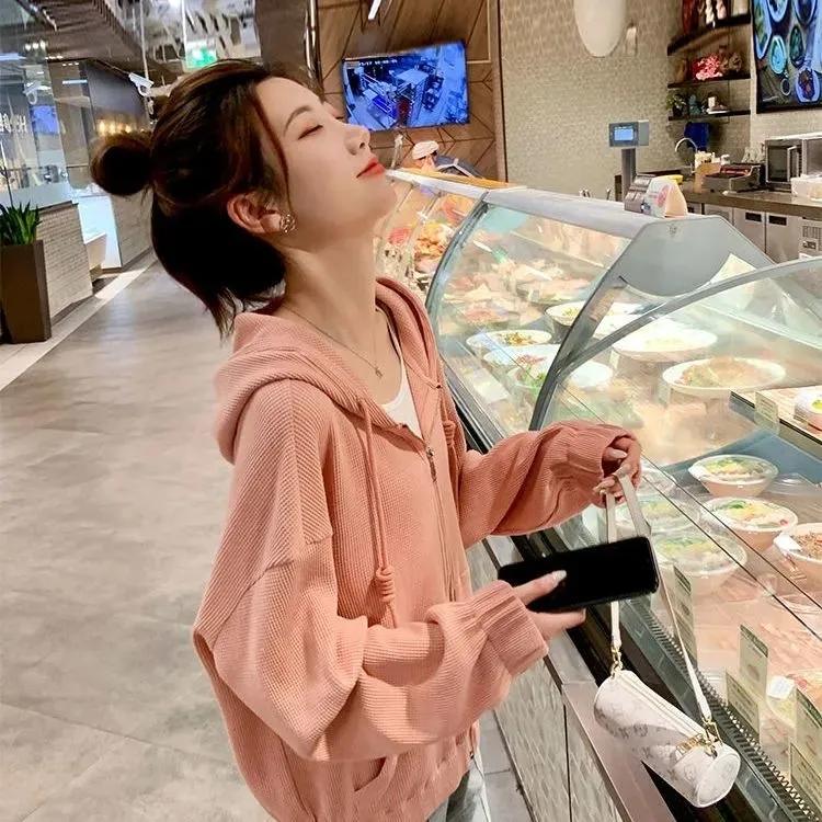 Waffle Hooded Jacket Women's Spring and Autumn All-match Casual Loose Short Top Solid Color Zipper Jacket
