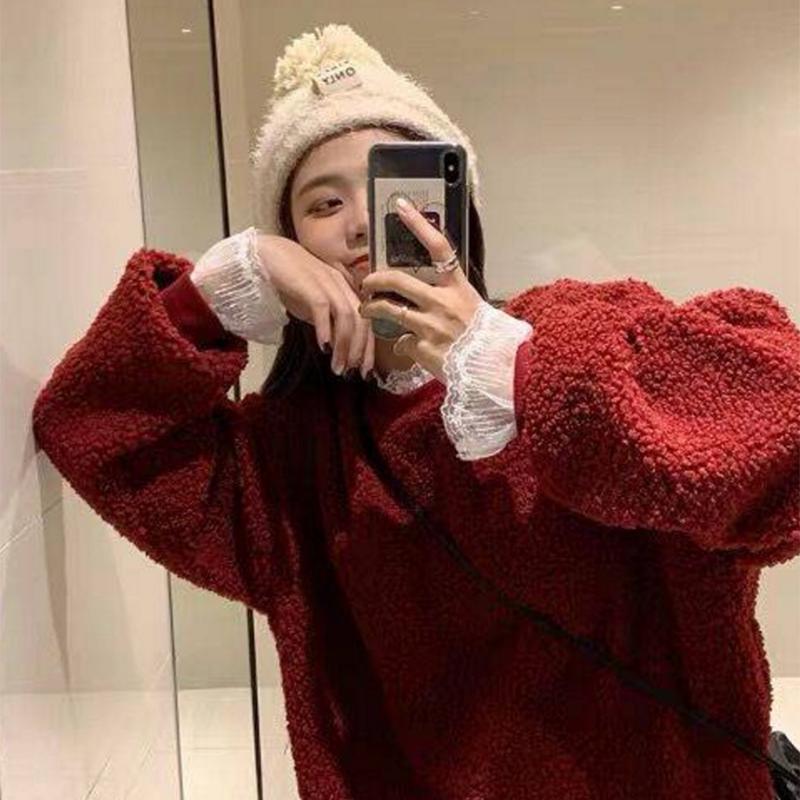 Pofulove Weater Women Loose Coat Winter Fake Two Lace Christmas Plus Velvet Thickened Lamb Sweater S