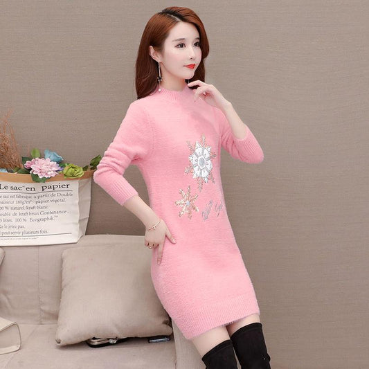 Autumn and Winter Mid-length Snowflake Sweater Half High Neck Thick Sweater Women Round Neck Long Sleeve Bottoming Shirt