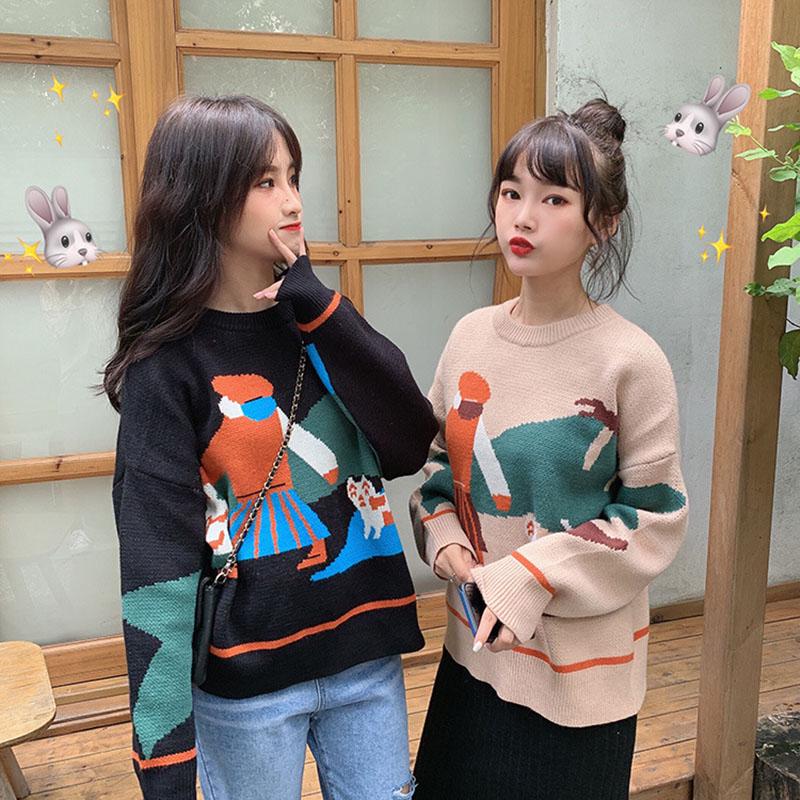 Vintage Autumn Winter Women Cartoon  Printed Sweater Student Loose Casual Pullover Sweater All-match Knitwear Coat Outer Wear