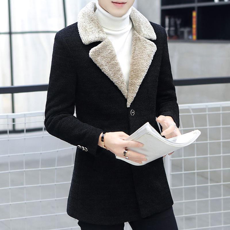 Men's Plus Velvet Thick Coat Autumn and Winter Long Woolen Coat Korean Style Trend Men's Youth Jacket