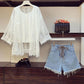 Fashion  Plus Size 2 Piece Set Women Summer Hollow Lace Shirt Tops Vest Denim Shorts Three-piece Set