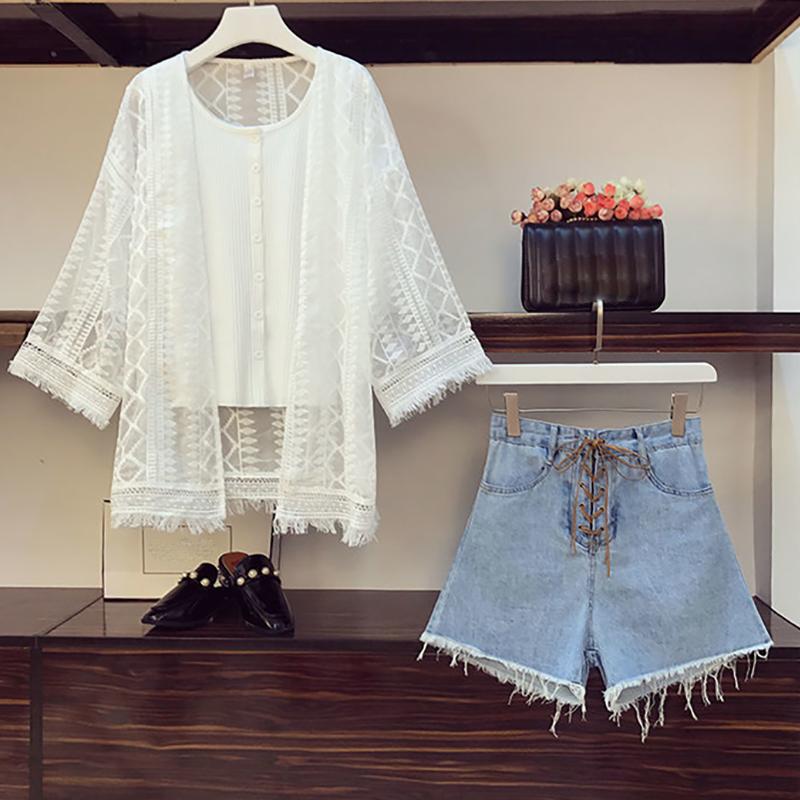 Fashion  Plus Size 2 Piece Set Women Summer Hollow Lace Shirt Tops Vest Denim Shorts Three-piece Set