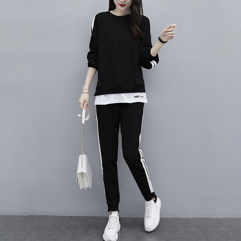 Large Size Thin Sports Suit Female Casual Two-piece Round Neck Long-sleeved Shirt + Casual Sports Pants Loose and Comfortable