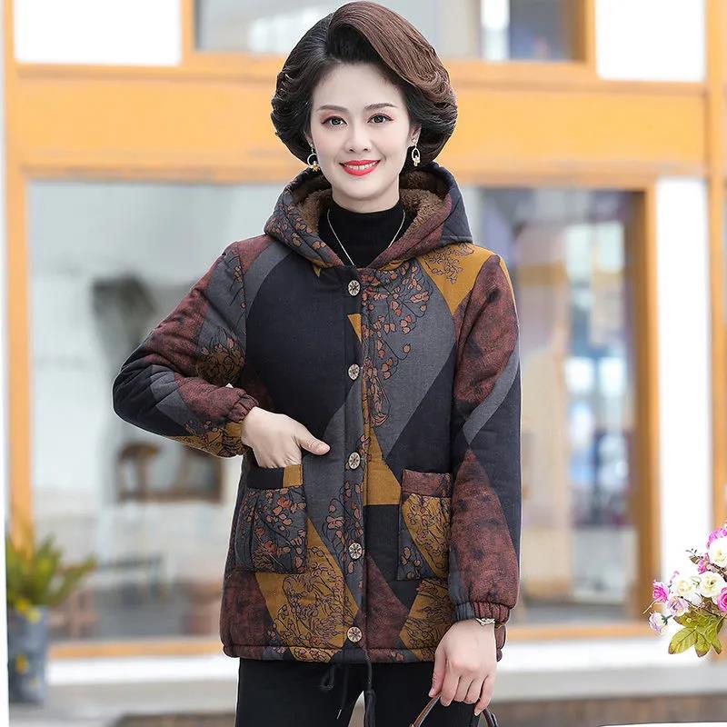 Winter Padded Jacket Chinese Printing Hooded Down Jacket Plus Velvet Padded Short Padded Jacket