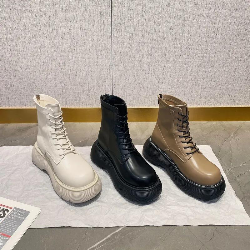 Autumn and Winter Leather Sponge Cake Thick-soled Martin Boots Thin Single Boots Heightening Short Boots All-match