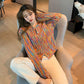 Bohemian Rainbow Colorful Cardigan Sweater Coat Short Top Women Loose Knit Sweater Outer Wear