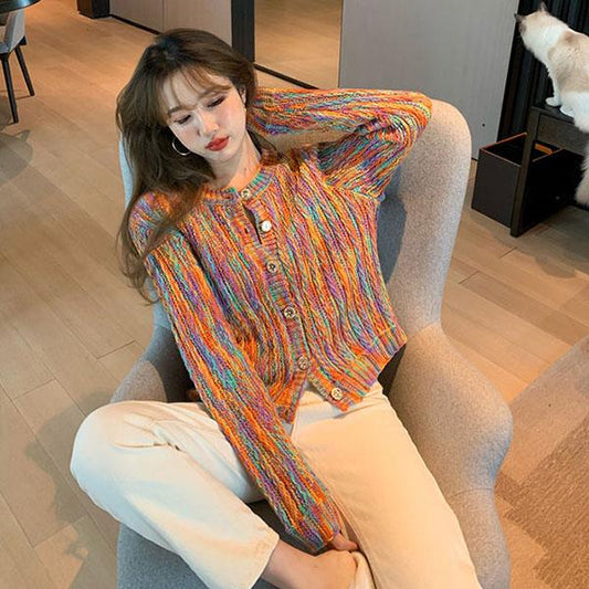 Bohemian Rainbow Colorful Cardigan Sweater Coat Short Top Women Loose Knit Sweater Outer Wear