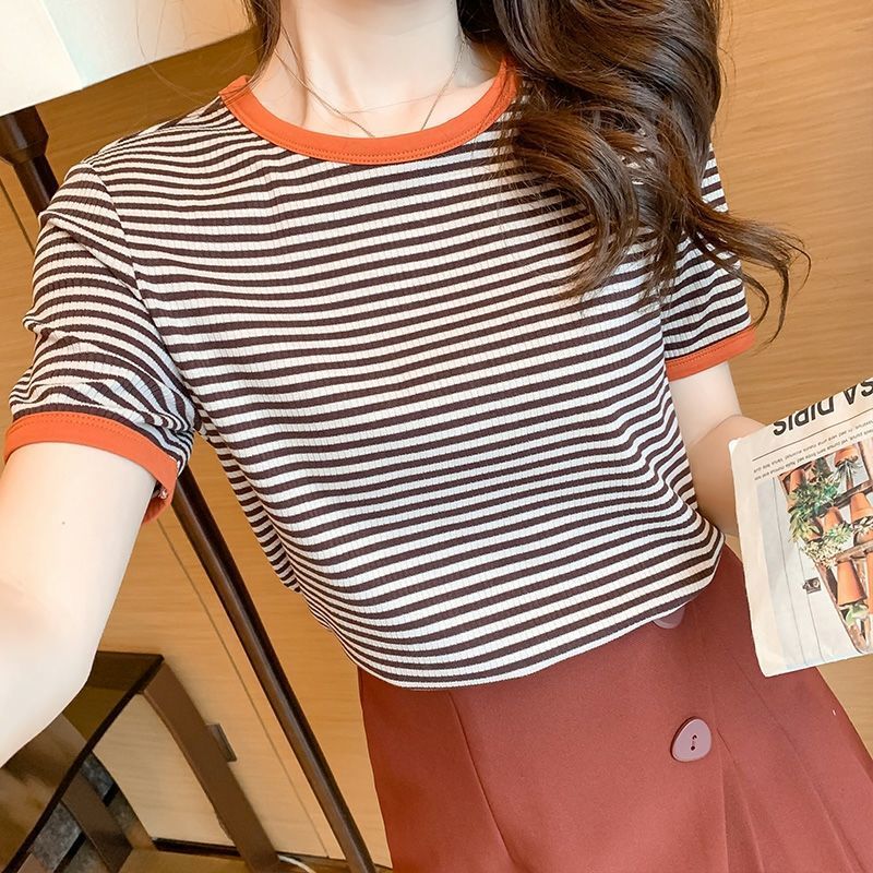 Short-sleeved Women's T-shirt Top Bottoming Shirt Loose Half-sleeve Striped T-shirt