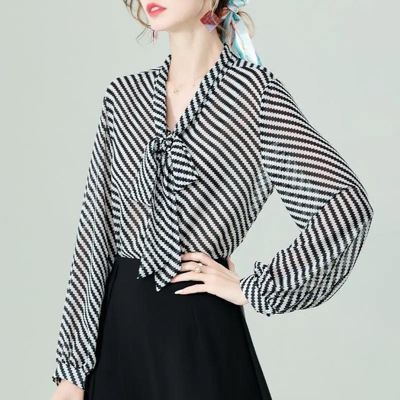 Chiffon Shirt Women's Spring and Autumn Long Sleeve Striped Bow Top