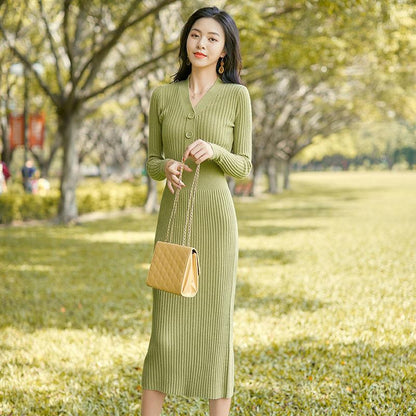 Autumn and Winter Fashion Padded V-neck Ladies Dress Mid-length Over-the-knee Bag Hip Skirt Bottoming Knit Sweater Skirt