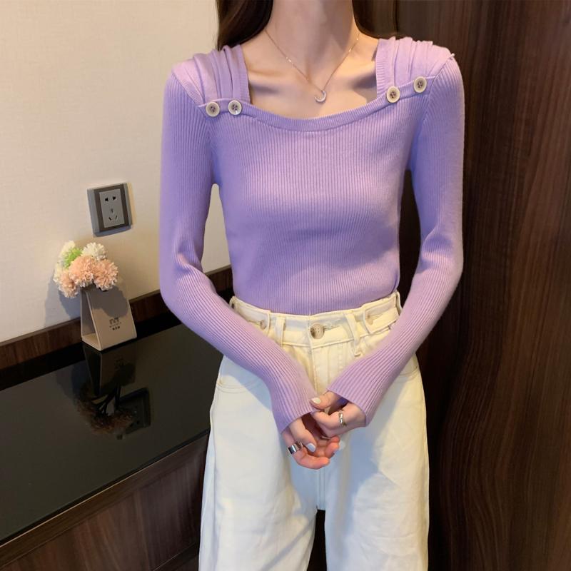 Women Winter Sweater White Pink Purple Square Collar Long Sleeve Slim Pullovers Korean Fashion Knitted Jumper Fall Casual Solid Women Girl Knitwear