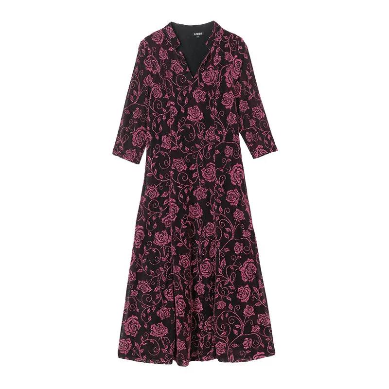 Women's Chiffon Dress Mid Length Ladies Loose Large Size Short Sleeve V-Neck Skirt