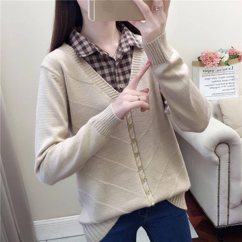 Autumn/Winter Korean Patchwork Pullover Loose Lapel Sweater Female Fake Two Piece Pullover Knitted Sweater Top