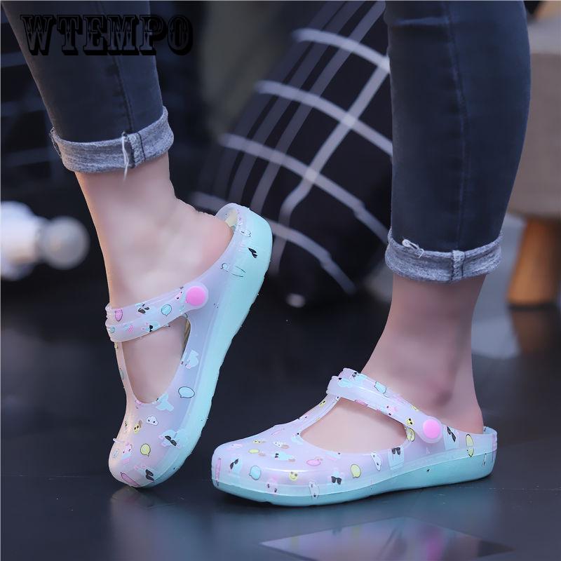 Summer Print Hole Shoes Women's Sandals Flat Jelly Shoes Beach Shoes Non-slip Slippers