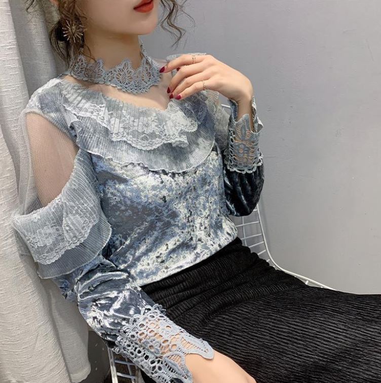 Half Turtleneck Gold Velvet Lace Bottoming Shirt Spring Fashion Halter Mesh Ladies Long Sleeve Top