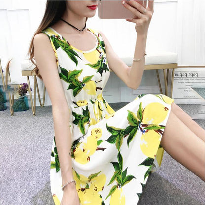 Mid-length Print  Women A-line Dress Summer Sleeveless Round Neck Elastic Waist Floral Large Size Skirt