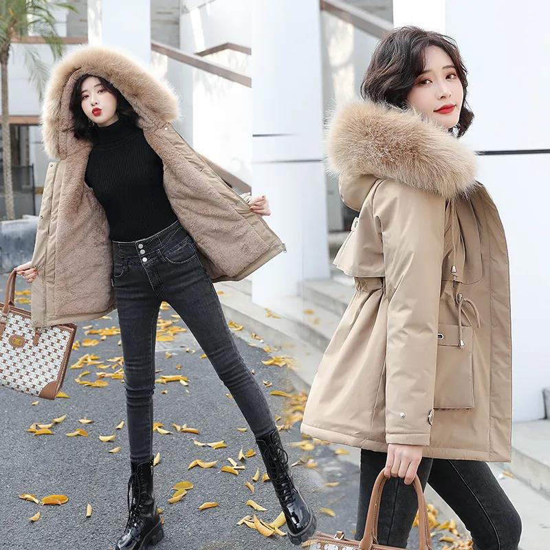 Parker Overcome Short Waist Thinner Hooded Big Fur Collar Cotton-padded Jacket Plus Velvet Padded Winter Padded Jacket