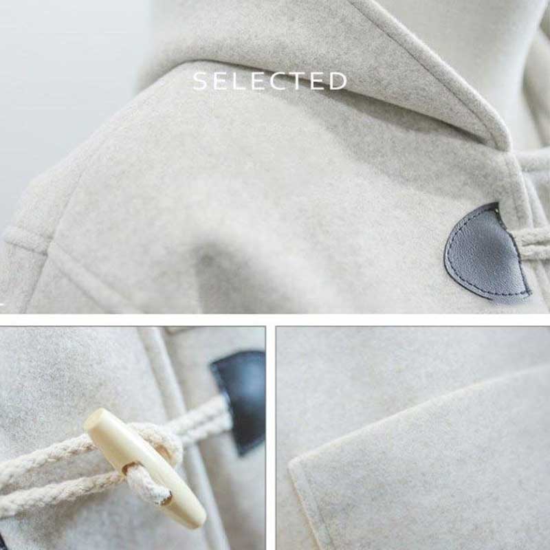 Horn Button Woolen Coat Women's Mid-length Autumn and Winter Quilted Thickened Hooded Woolen Coat