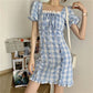 Female Spring and Summer Simple and Gentle Waist Close Show Thin Bubble Sleeve Lattice French Niche Dress