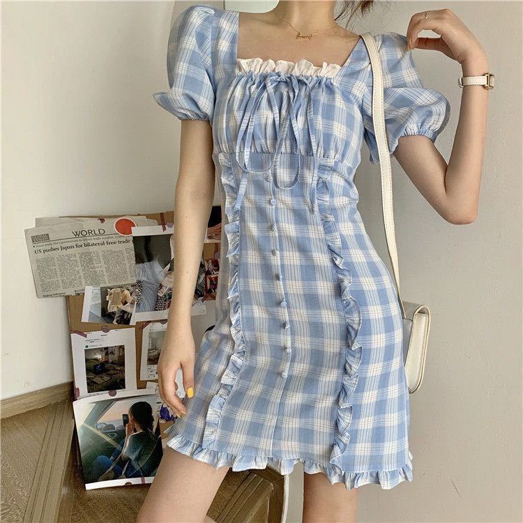 Female Spring and Summer Simple and Gentle Waist Close Show Thin Bubble Sleeve Lattice French Niche Dress