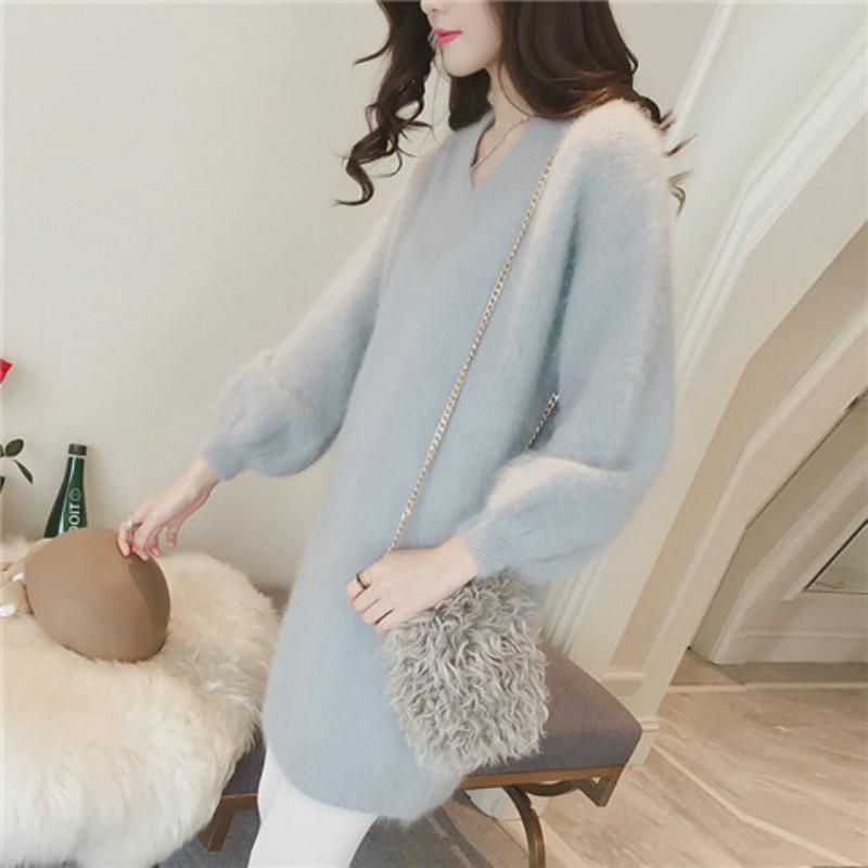 Pofulove long loose knitted base shirt autumn and winter new women's v-neck imitation mink sweater