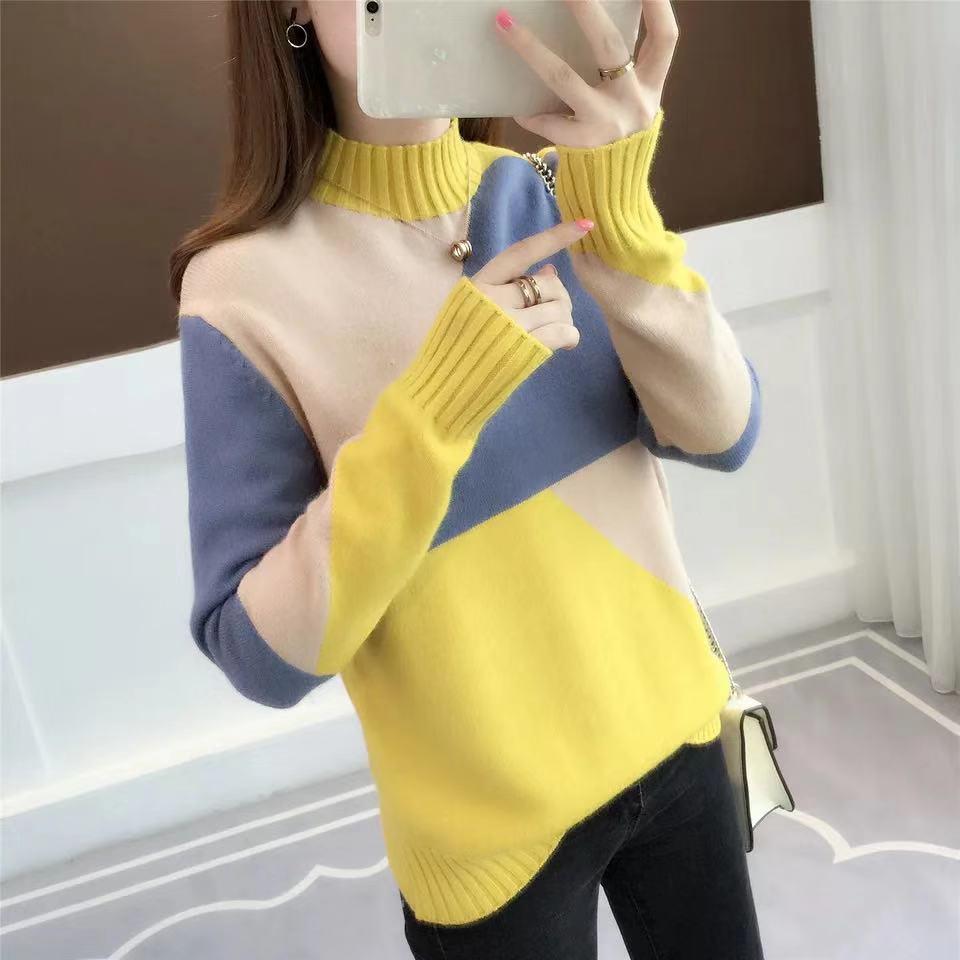 Pofulove color matching trendy long-sleeved loose sweater pullover sweater half turtleneck sweater