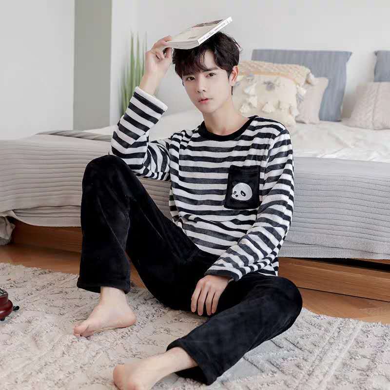 Men's Pajamas Winter Coral Velvet Thickened Plus Velvet Plus Size Youth Hedging Striped Home Service Suit