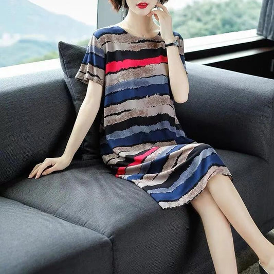Bohemian Women's Floral Print Short Sleeve Dress Casual Loose Party Tunic Mid-length Dress Round Neck Short Sleeve Loose Casual Dress
