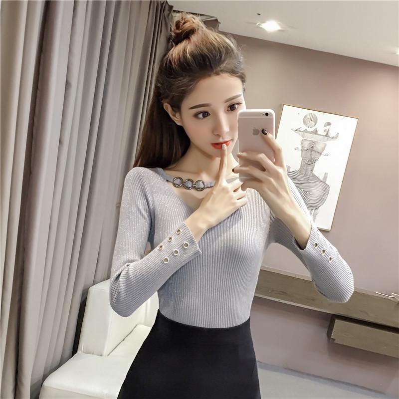 Pofulove Women's Autumn Winter Slim Long Sleeve Tight Short V-neck Sweater Bright Silk Pullover Tops