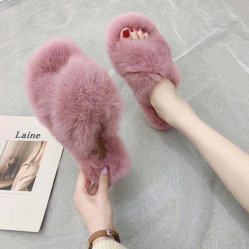Women's Fluffy Slippers for Autumn and Winter Outer Wear Flat All-match Shoes