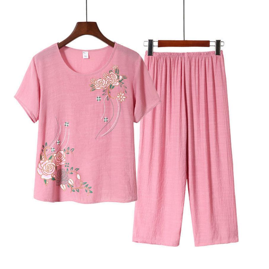 Women Clothes Floral Print T-shirt Pants Loose Two Pieces Set Summer Homewear Set Short Sleeve Outfit for Middle-aged