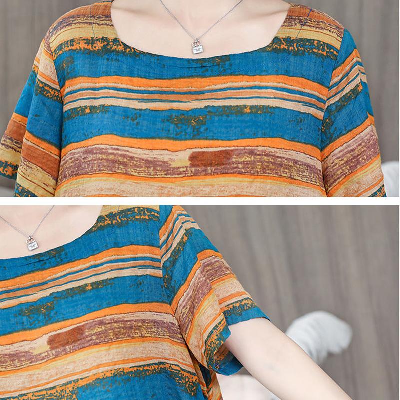 Women's Summer Loose Dress Large Size Young Cover Belly Look Thin Striped Mid-length Skirt Pocket  Loose