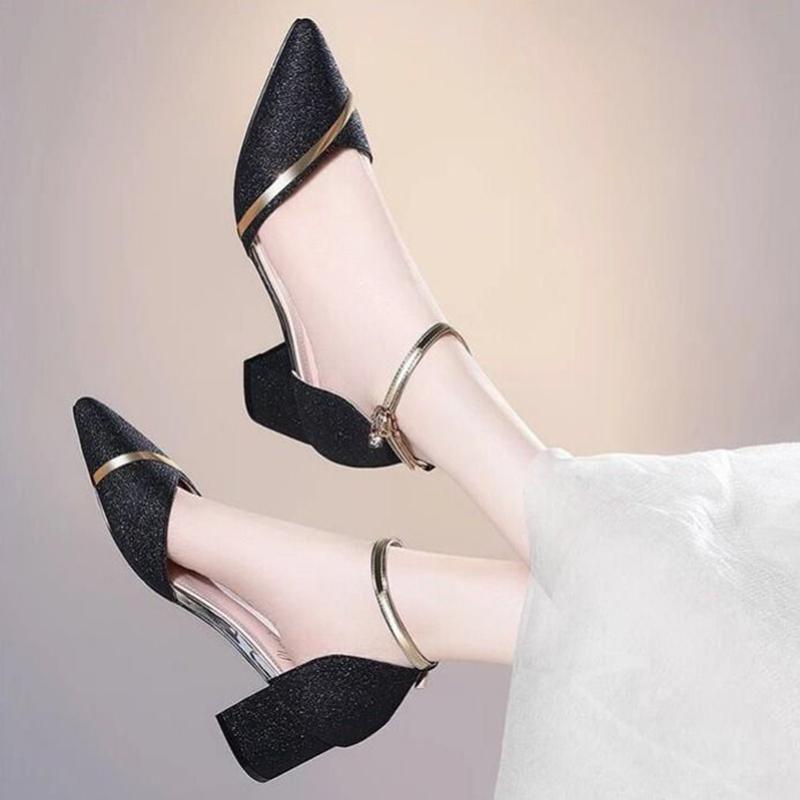Spring  Summer Sandals Female Students Korean Version  Wild Thick Heels One-word Buckle  High Heels Mid-heel  Single Shoes