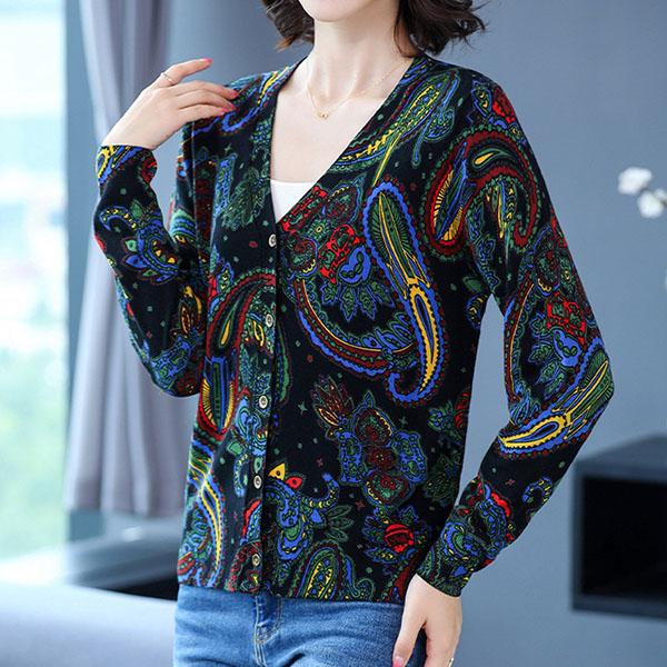 Autumn Winter Ladies V-Neck Cardigan Printing Sweater Coat