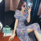 Elegant Purple Bubble Sleeves for Women In Spring and Summer with Split Air and Fragmentary Chiffon Long Dress