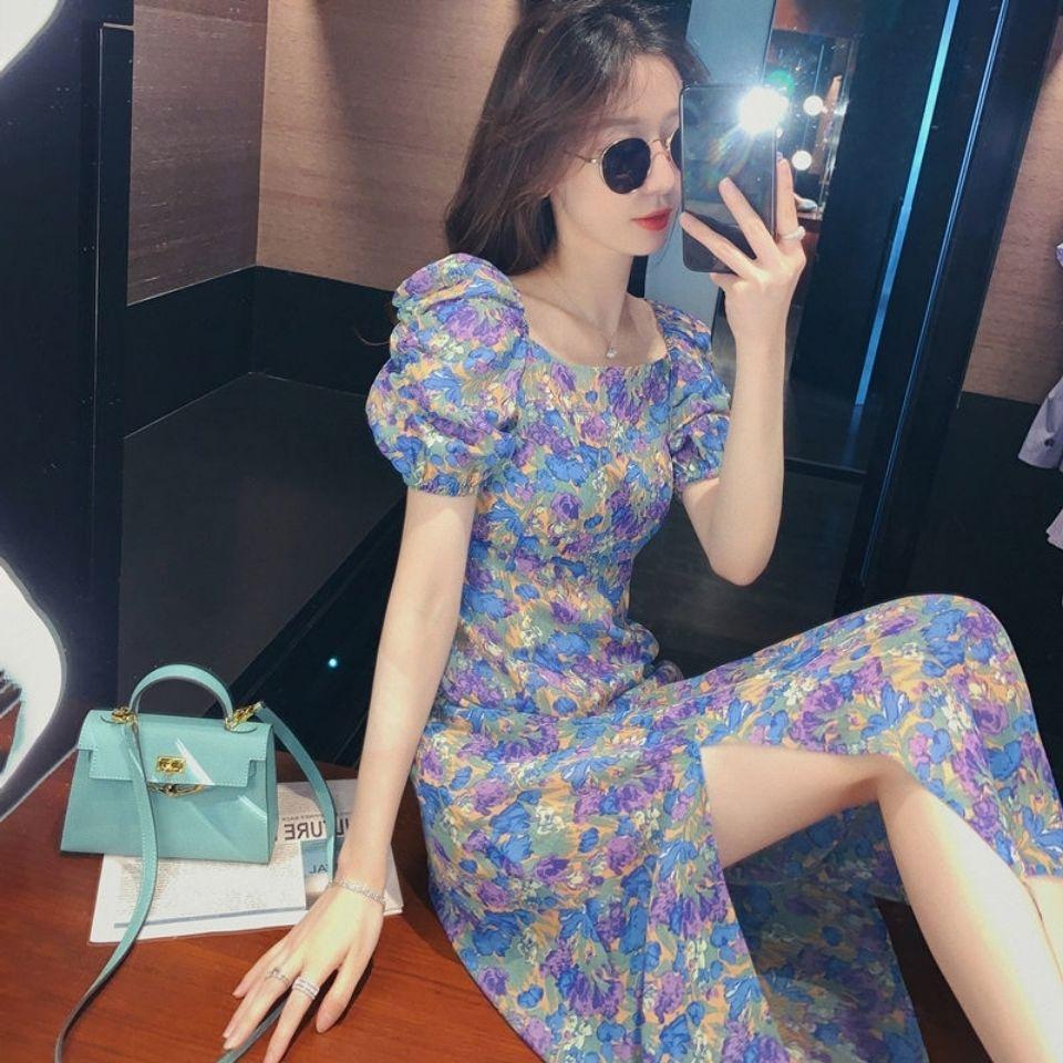 Elegant Purple Bubble Sleeves for Women In Spring and Summer with Split Air and Fragmentary Chiffon Long Dress