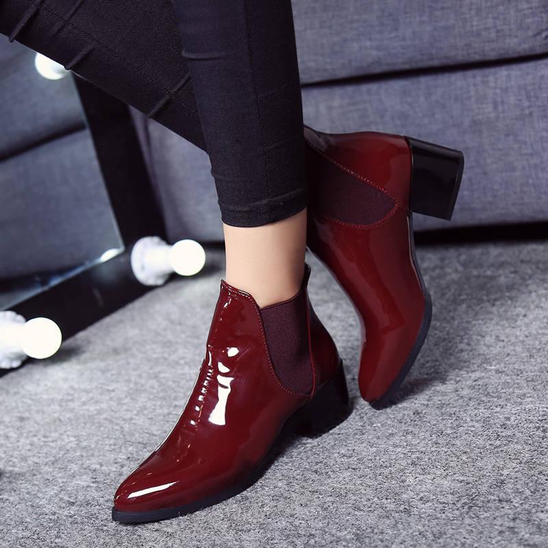 Ankle Boots Women Leather Boots Thick Med Heel Chelsea Boots PU Leathe Zipper Short Shoes Women