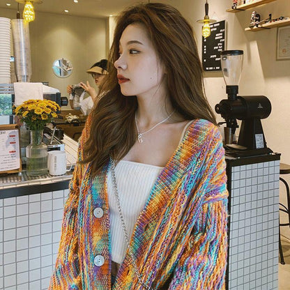 Spring and Autumn Rainbow Color Sweater Cardigan European and American Style Top Loose Casual Knitted Young Women's Jacket