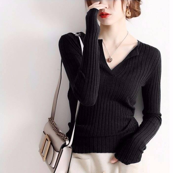 Pofulove Autumn Winter Students Inside Coat V-neck Striped Sweater Warm Bottoming Shirt Black